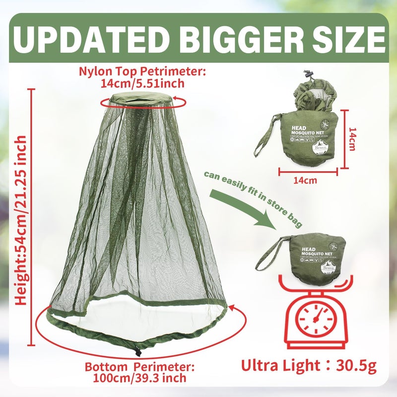 Benvo Mosquito Head Net Mesh One Piece Face Neck Fly Netting Cover from Bugs Gnats Noseeums Hat-Compatible Insect Shield for Fishing, Camping, Gardening (2pcs, Olive, Upgraded Big Net) - Image 2